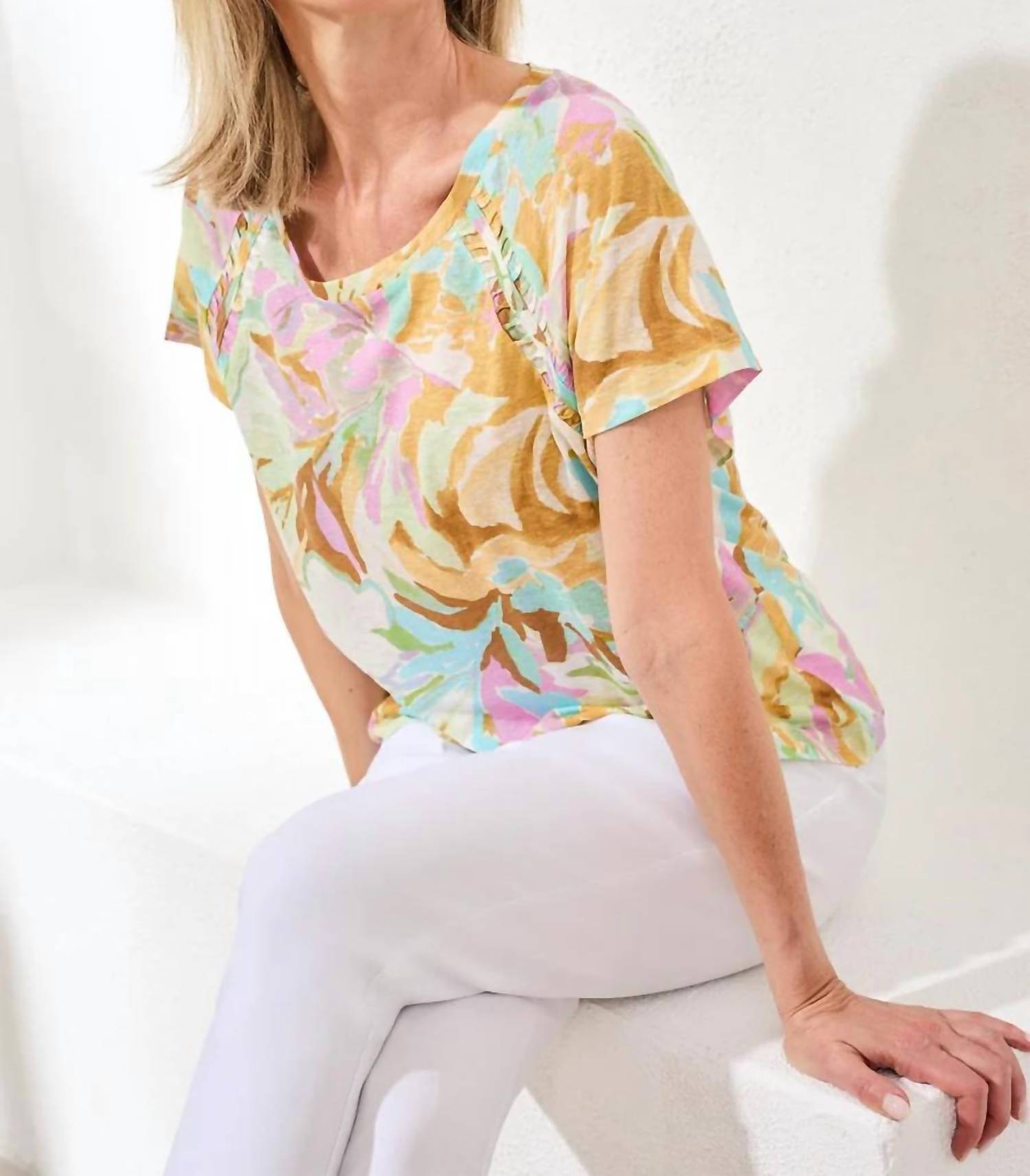 Tribal - Printed Linen Scoop Neck Top With Pleating Detail