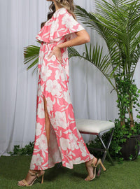 Vine & Love - Floral Flutter Sleeve Slit Detail Maxi Dress