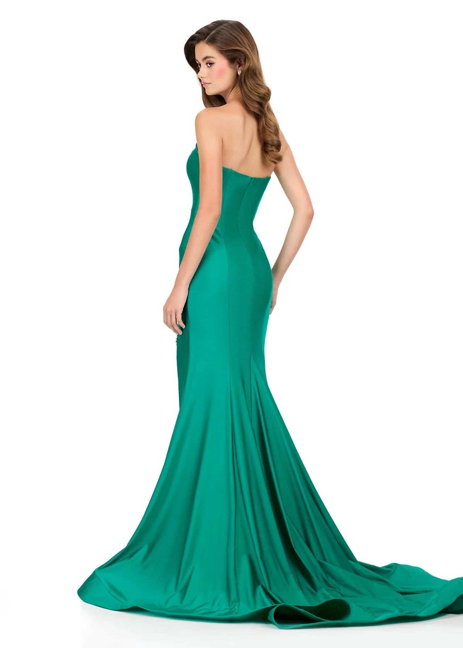 ASHLEYlauren Strapless Plunging Neckline Prom Dress in emerald - women's dress - alternate view