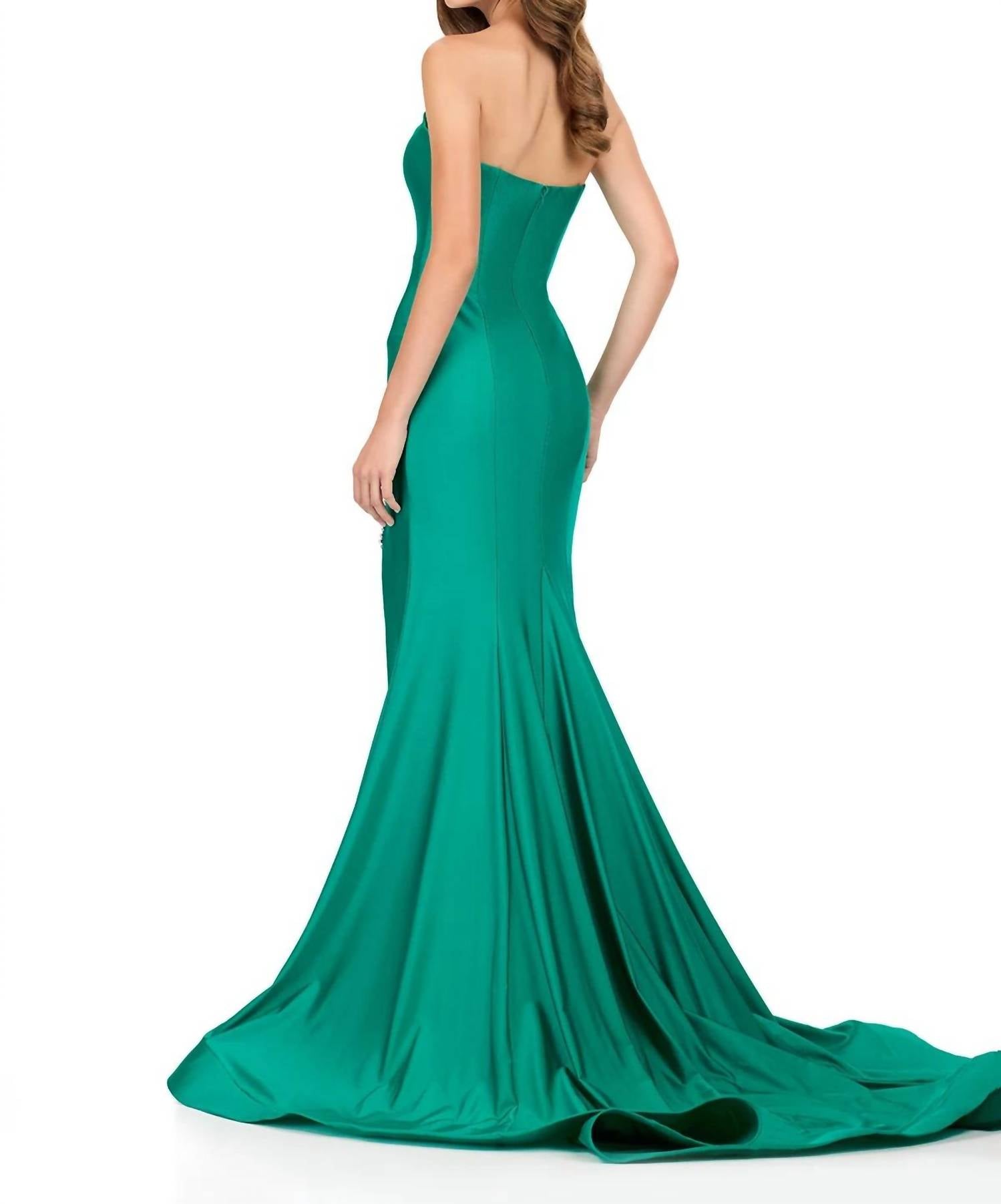 ASHLEYlauren Strapless Plunging Neckline Prom Dress in emerald - women's dress - detail view