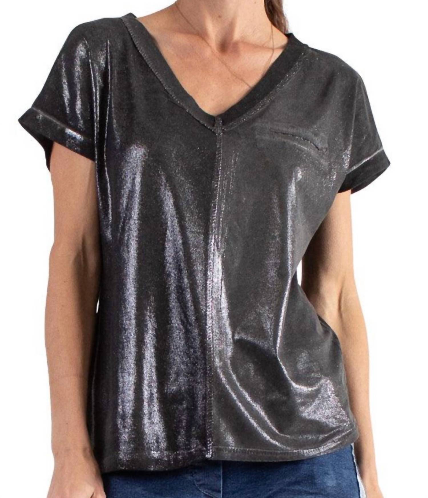 Made In Italy - Two Tone V Neck T-shirt With Faux Pocket