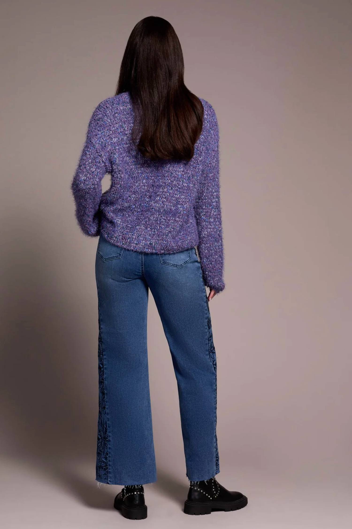 Tribal - Fuzzy Eyelash Drop Shoudler Puff Sleeve Sweater