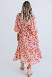 Karlie - Multi Abstract Vneck Ruffle Midi Dress