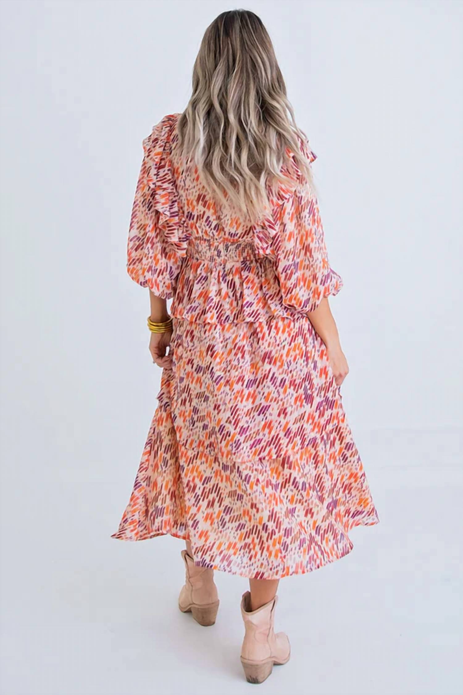 Karlie - Multi Abstract Vneck Ruffle Midi Dress