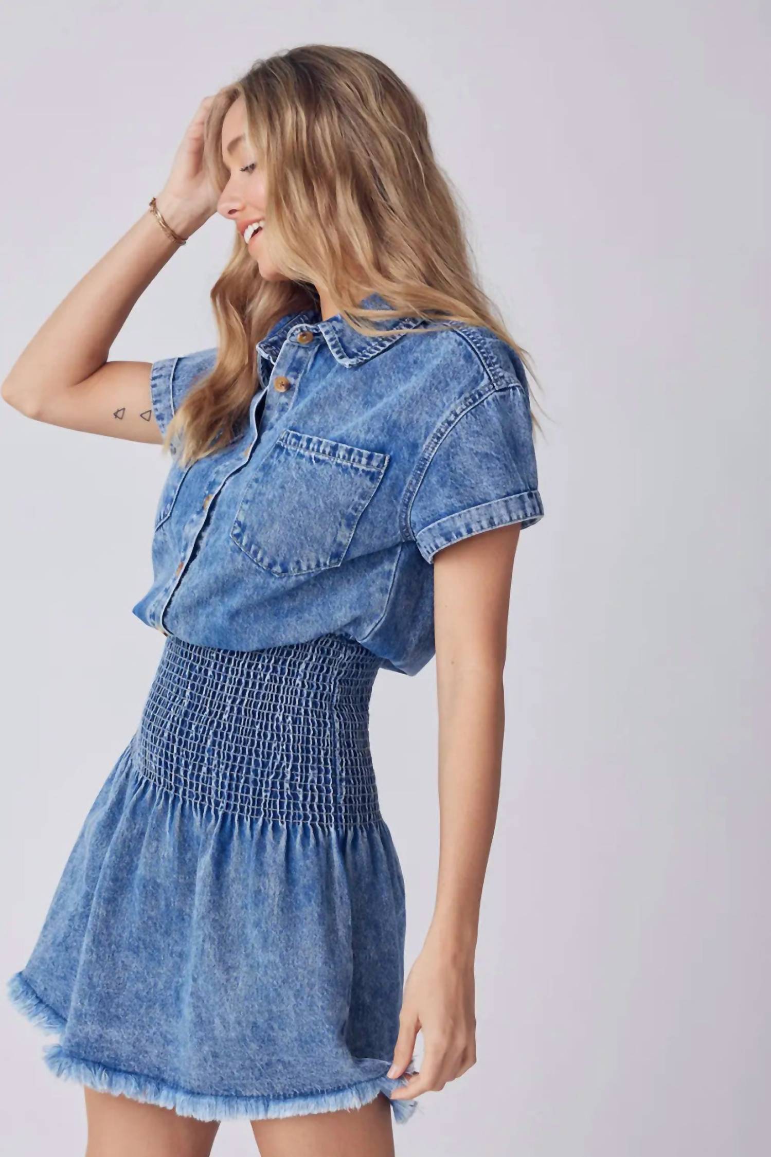 BluIvy Button Up Smocking Waist Denim Mini Dress in blue - women's dress - view 7