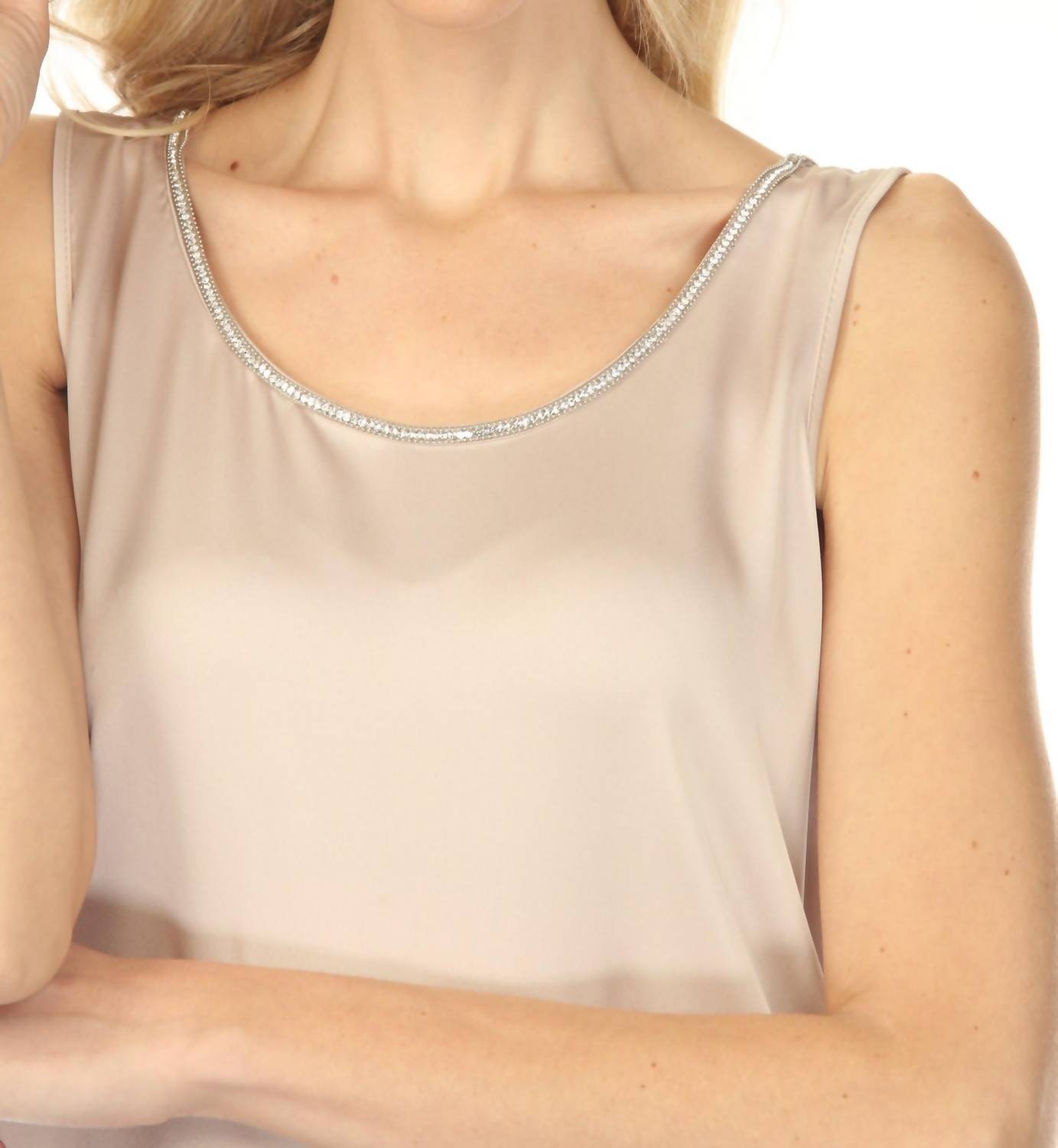 Joseph Ribkoff - Rhinestone Trim Scoop Neck Satin Top