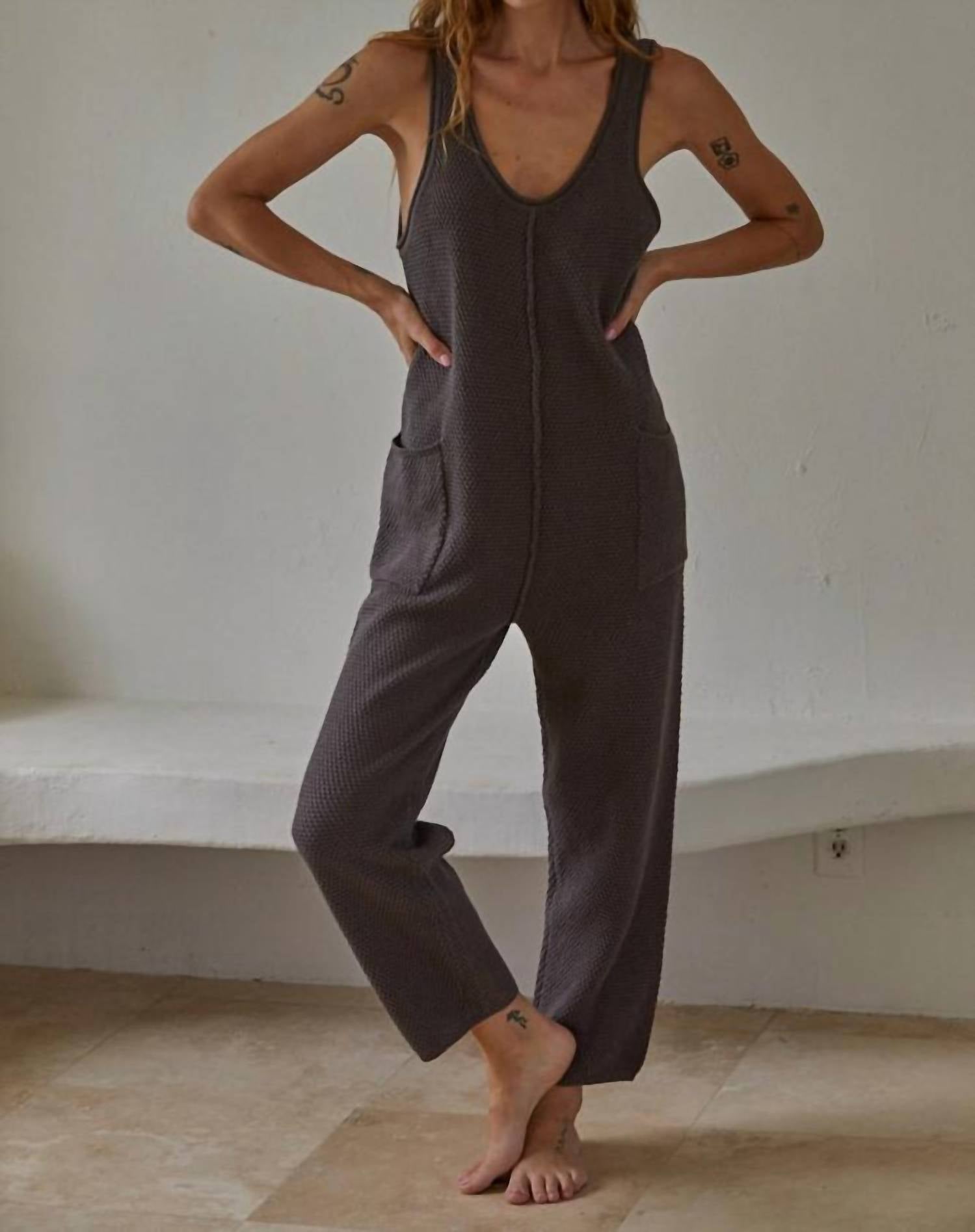 By Together Rhea Knit Jumpsuit in grey - women's pants - detail view