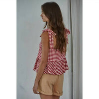 By Together - Gingham Print Square Neck Peplum Top