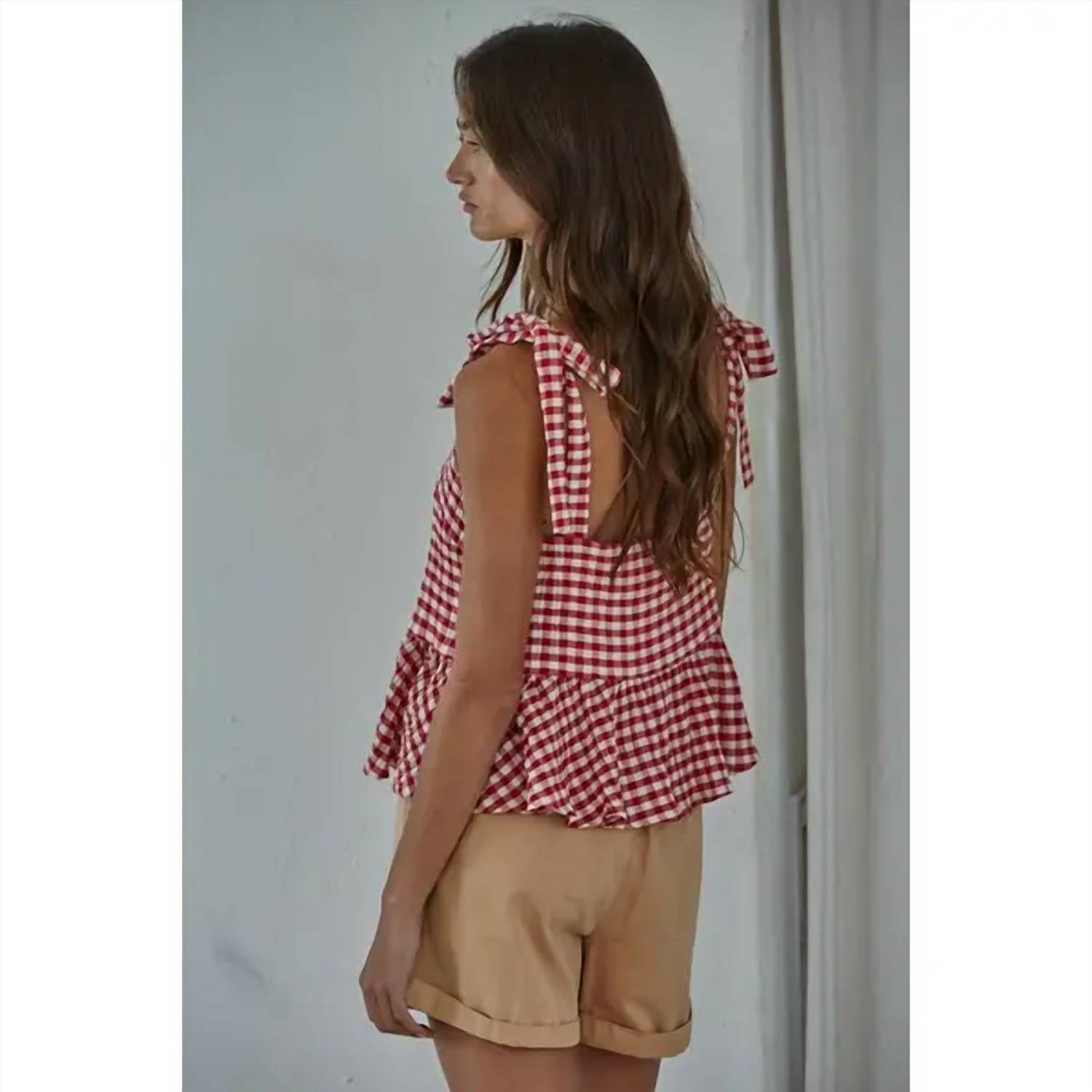 By Together - Gingham Print Square Neck Peplum Top