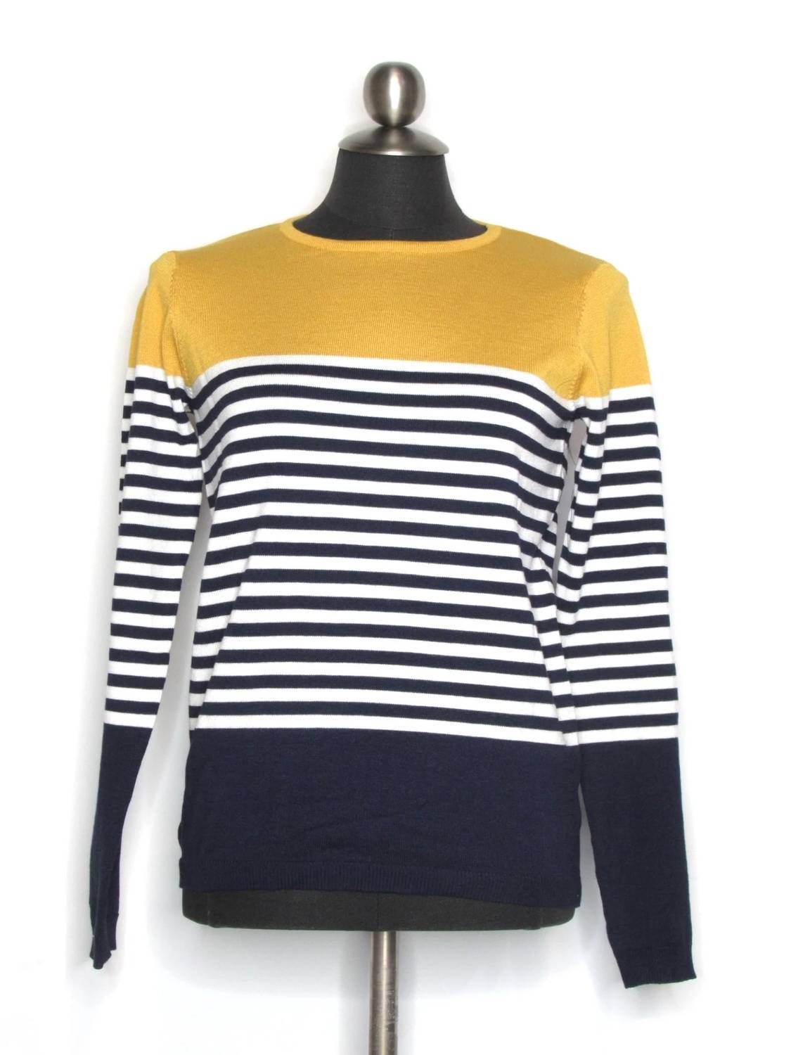 Papillon - Women's Striped Sweater With Solid Yoke And Trim