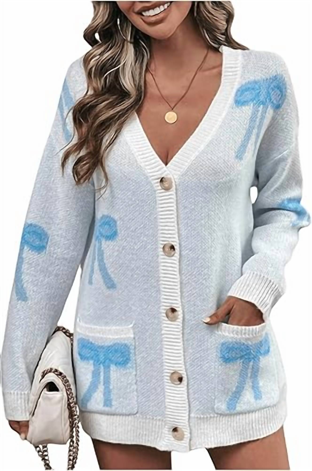 Bestto - Bow Print Oversized Button Down Cardigan