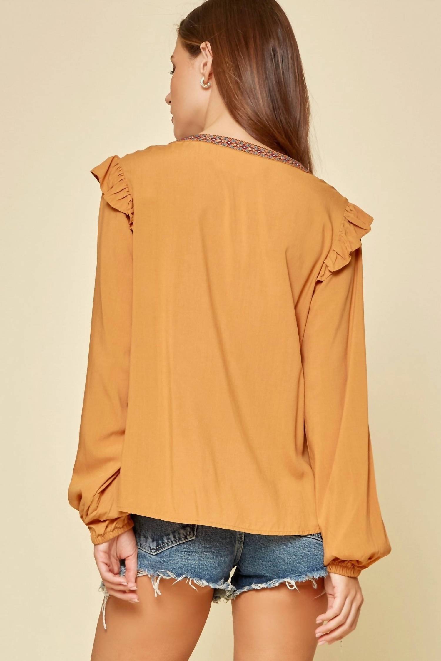 ANDREE BY UNIT Ruffle Embroidered Blouse in marigold - women's blouse - detail view