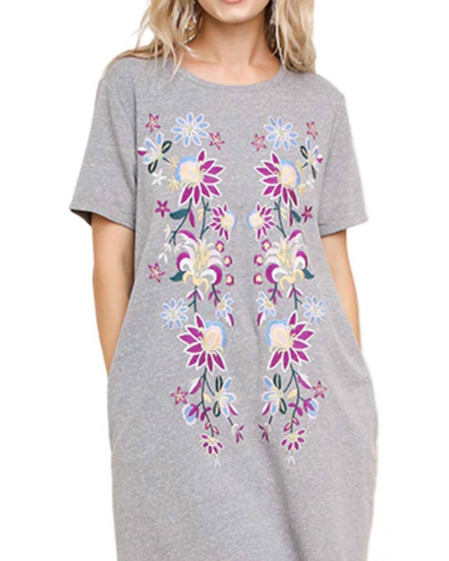 Umgee - Floral Embroidered Heathered Pocket Dress