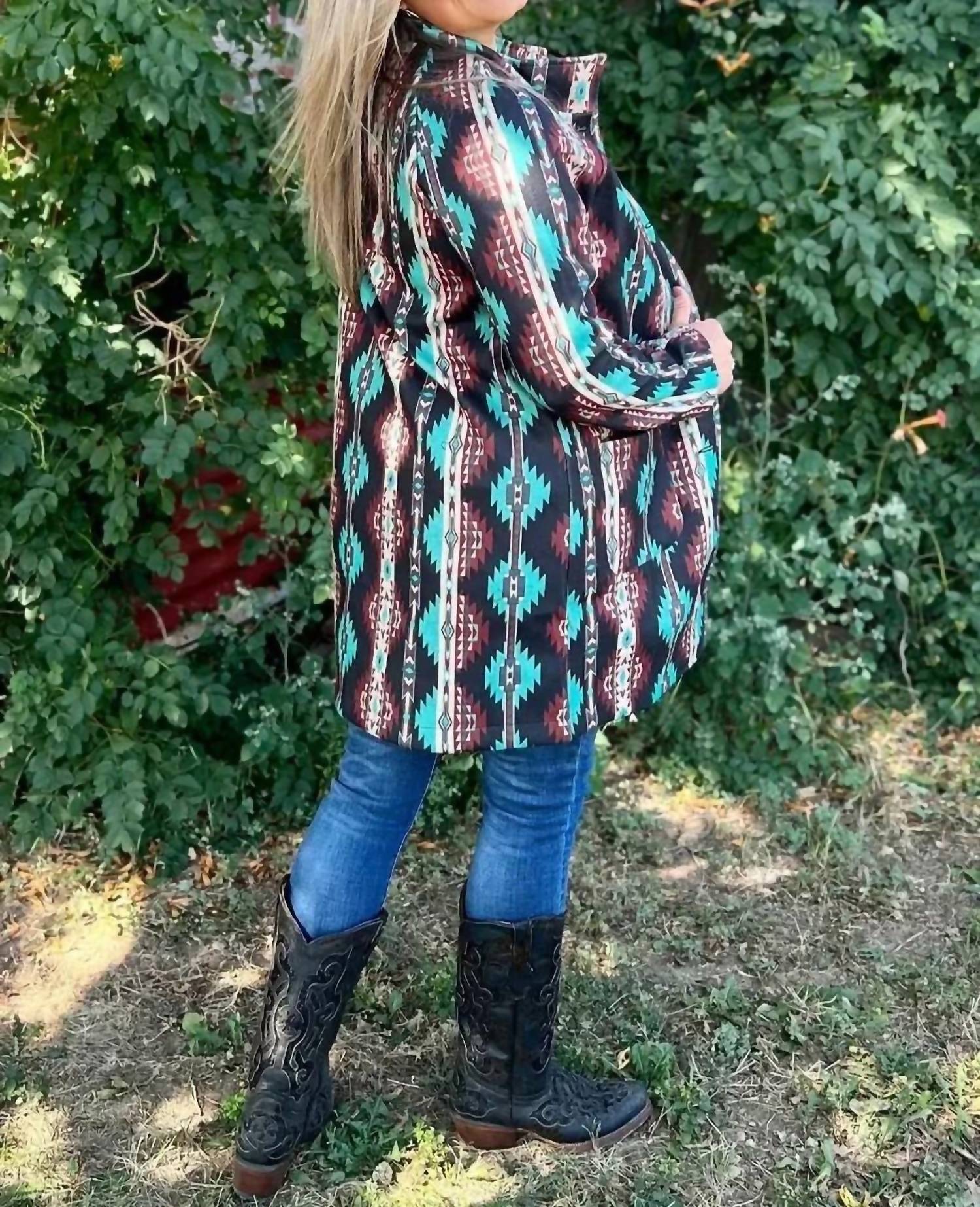 Sterling Kreek Durango Aztec Jacket in turquoise maroon cream - women's jacket - alternate view