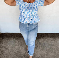 BLAKELEY Essie Floral Smocked Top in blue - women's blouse - detail view