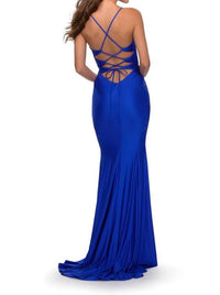 La Femme - Lace Up Back Jersey Mermaid Gown