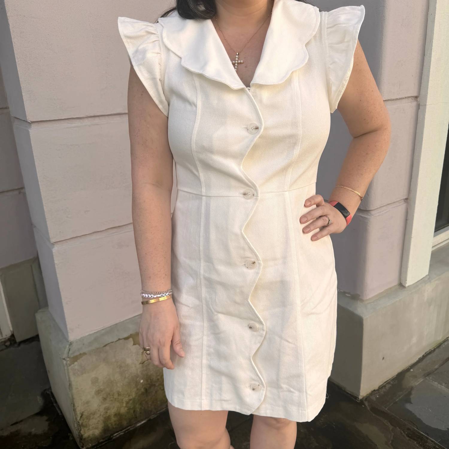 Voy - Scallop Collar Button Front Canvas Dress