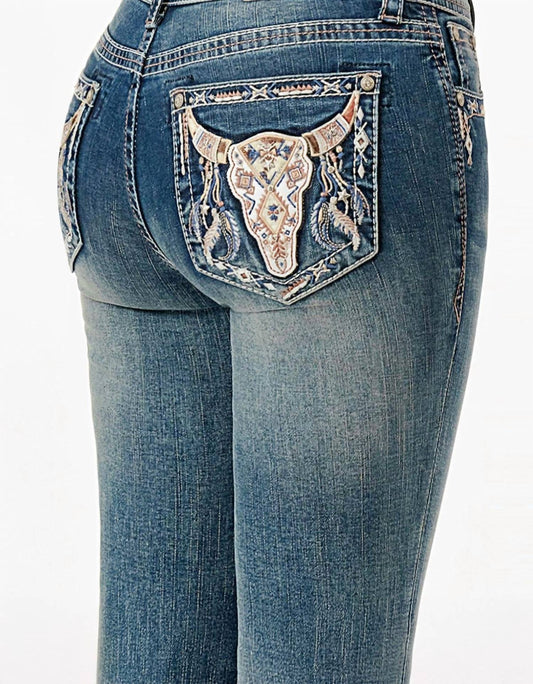 Grace In La - STEER HEAD & TRIBAL FEATHERS MID RISE BOOTCUT EMBROIDERED JEANS