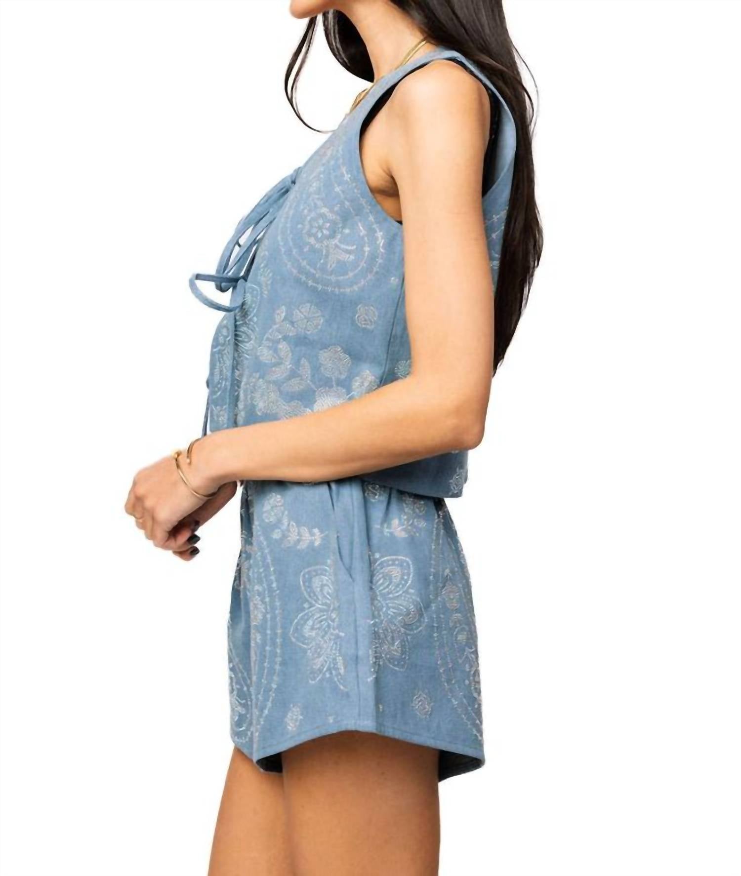 QUEEN OF SPARKLES Sequin Paisley Print Tie Tank in denim - women's tank top - detail view