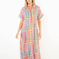 Thml - Summertime Plaid Short Sleeve Button Down Midi Dress