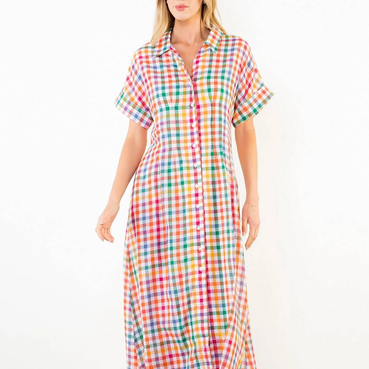 Thml - Summertime Plaid Short Sleeve Button Down Midi Dress