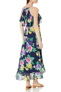 London Times - Floral Halter Off-the-Shoulder Dress