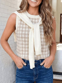Faire - Women's Plaid Knit Detachable Shawl Wrap Sweater Tank Top
