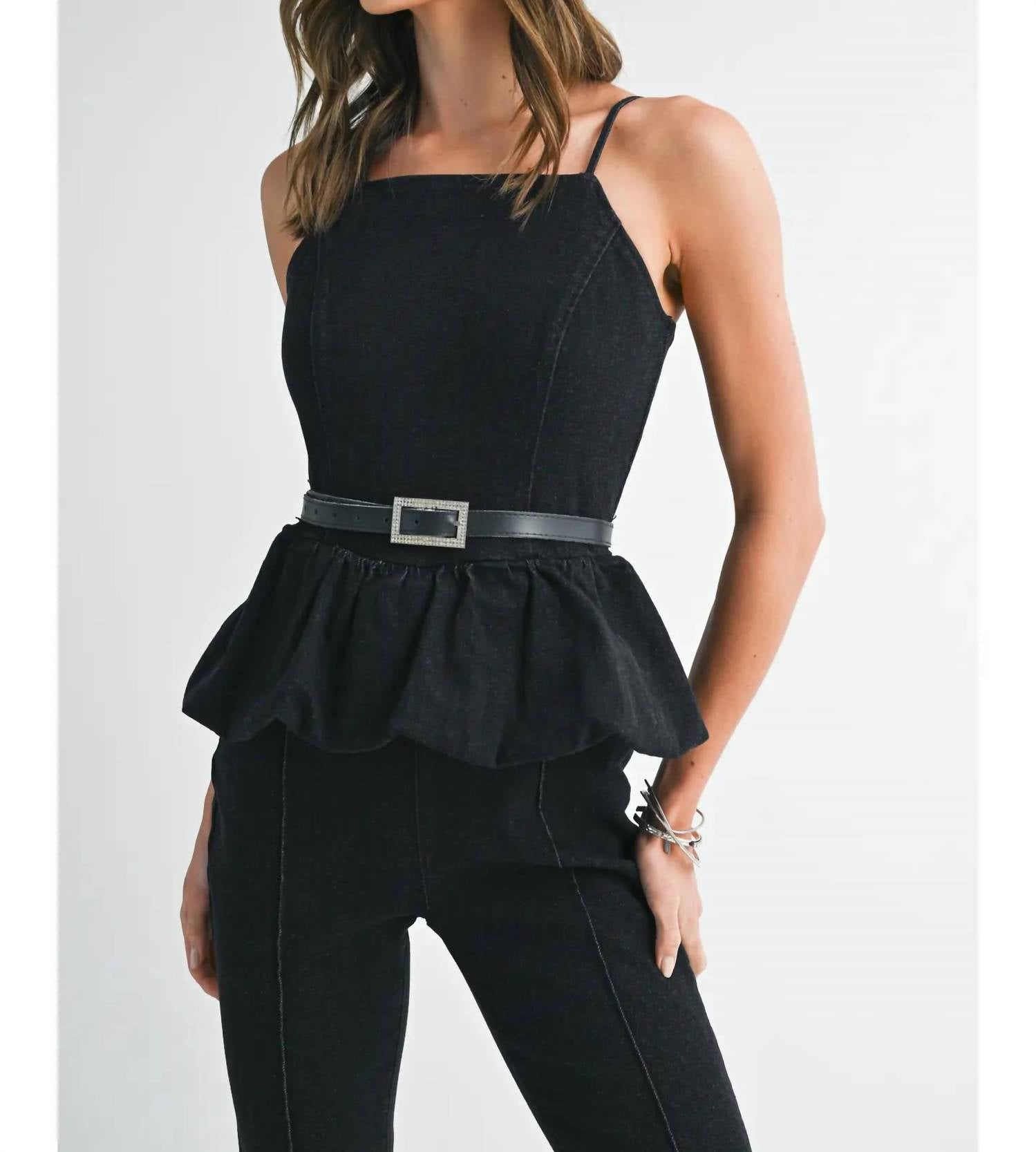 Endless Blu. - Rhinestone Belted Boot Cut Romper
