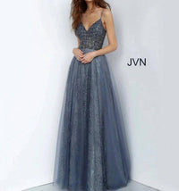 JOVANI Lace Skirt V-neck Dress in grey - women's dress