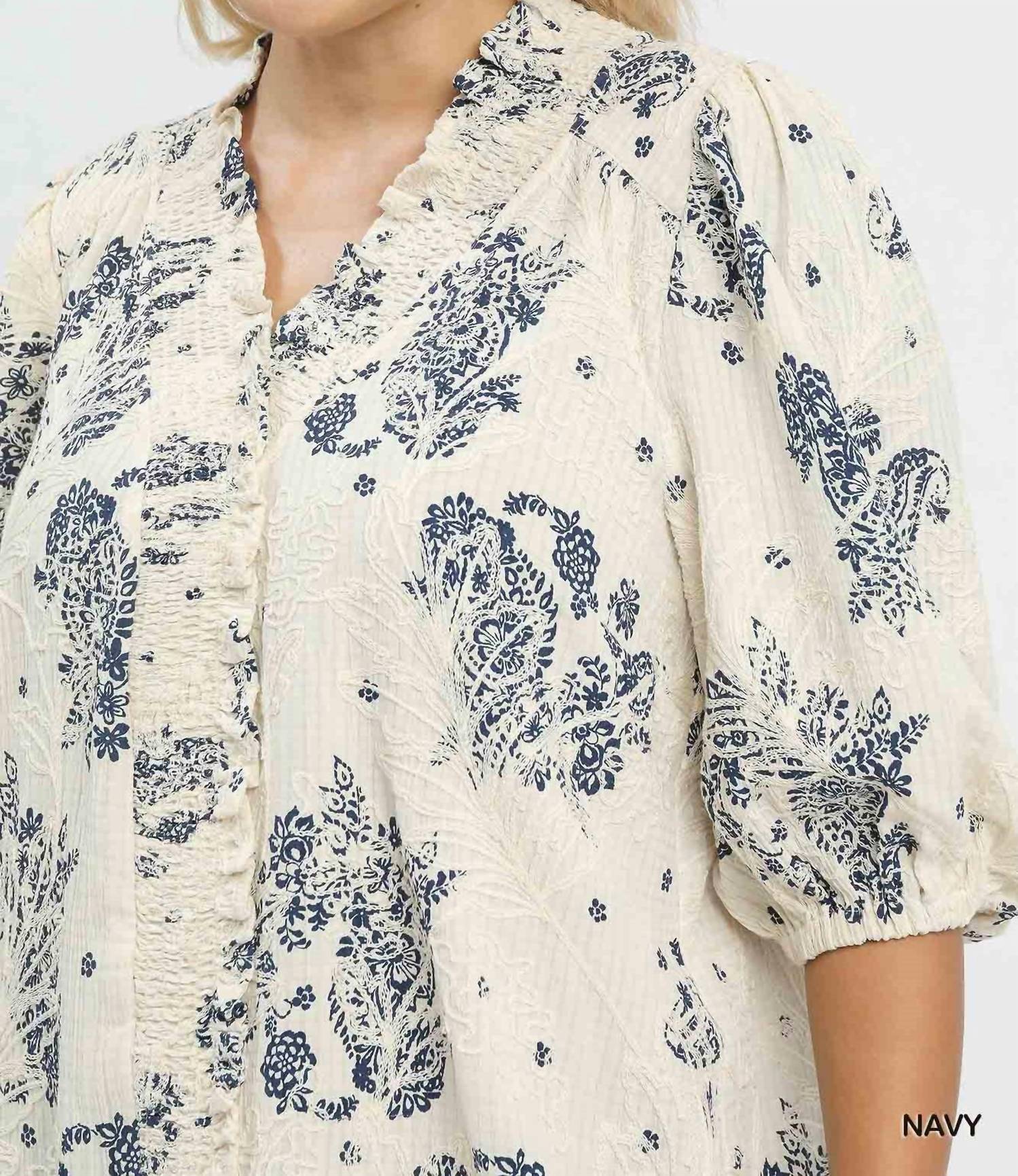 Umgee - Floral Embroidered Blouse With Ruffle Trim