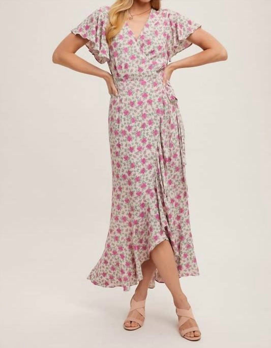 Bluivy - Floral Print Ruffle Hem Wrap Maxi Dress