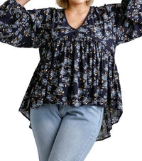 Umgee - Floral Lace Trim High Low Babydoll Top - Plus