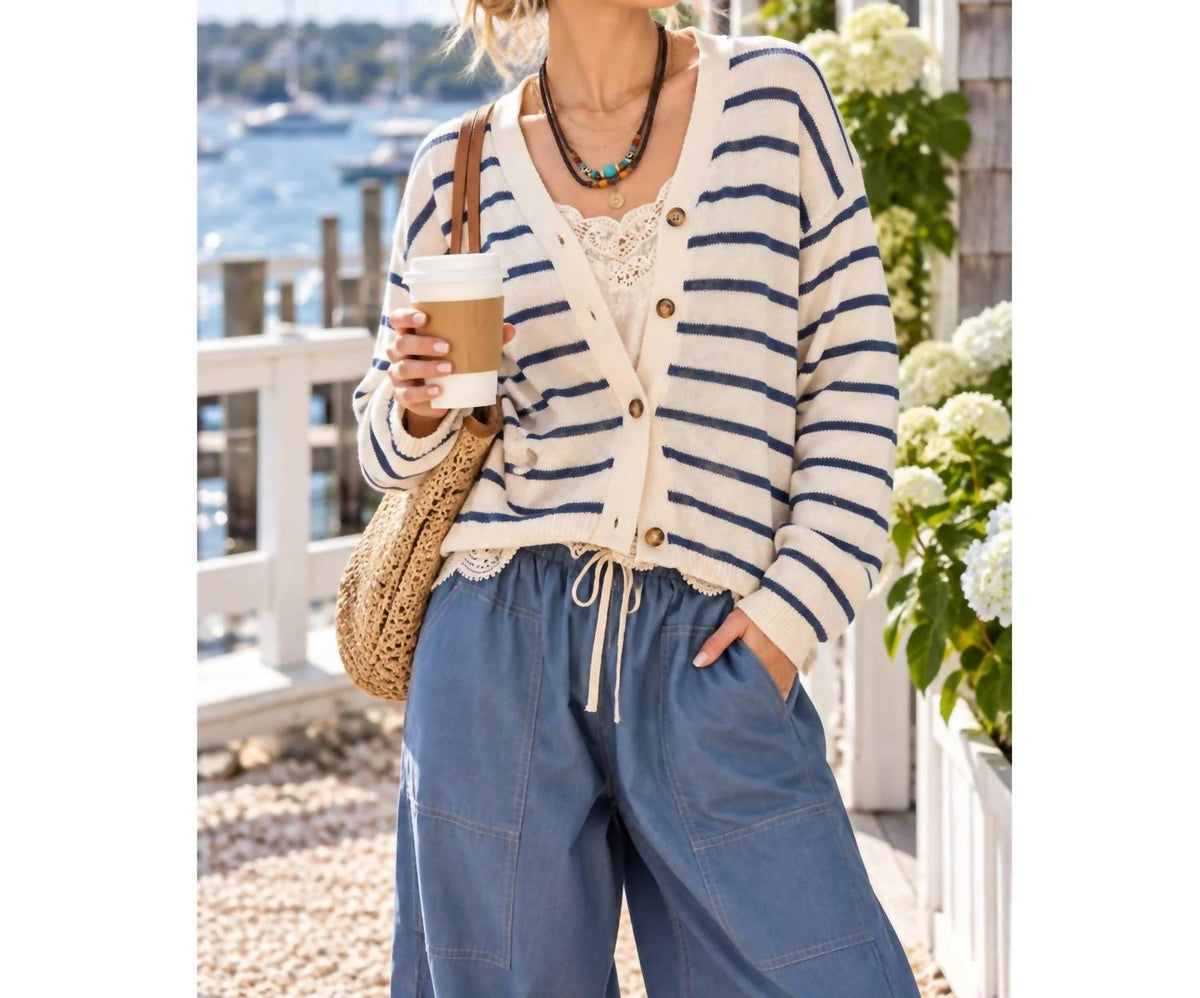 La Miel - Coastal Striped V-neck Cardigan Sweater