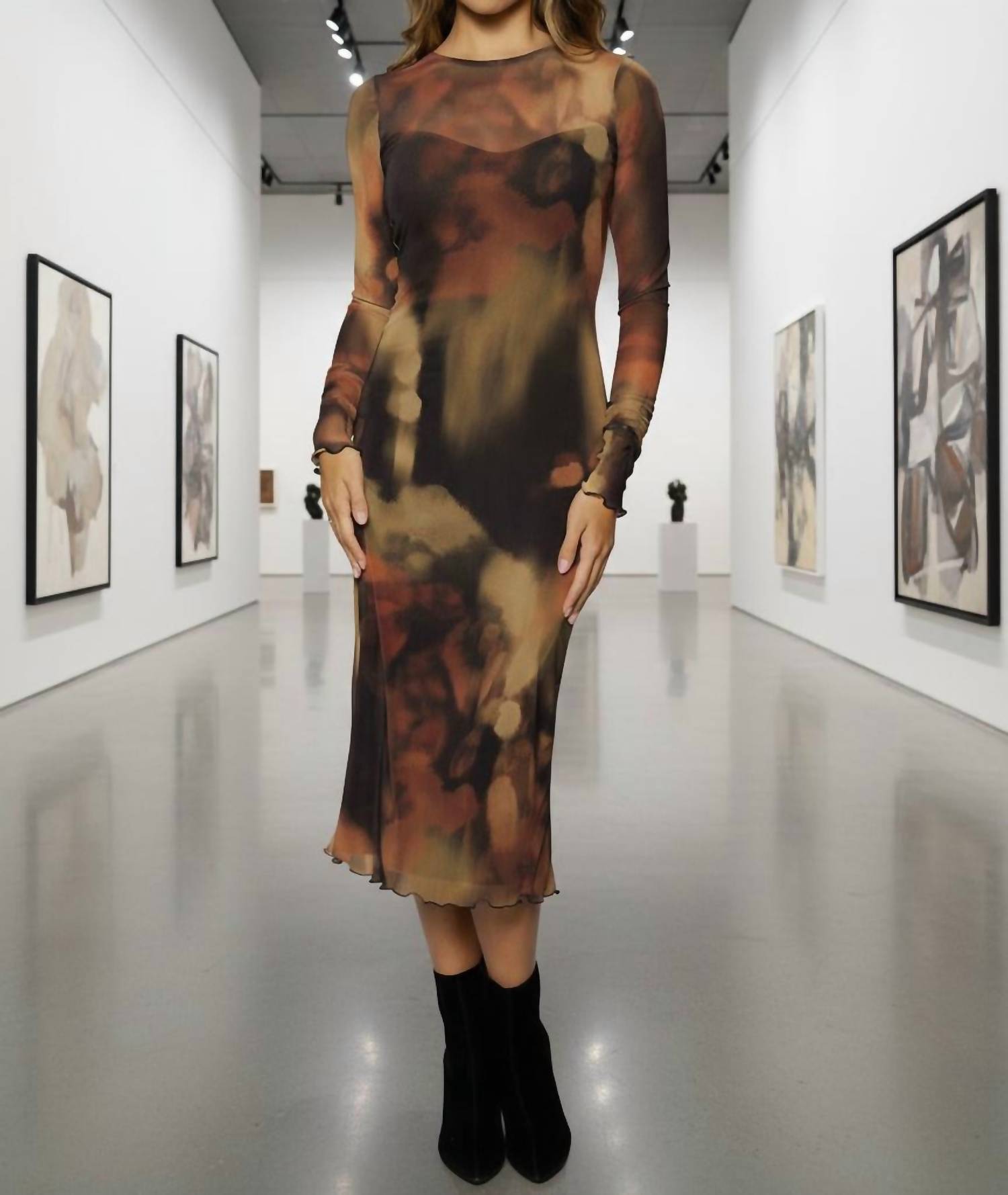 LOST + WANDER Luminous Shadow Power Mesh Midi Dress in brown multi - women's dress
