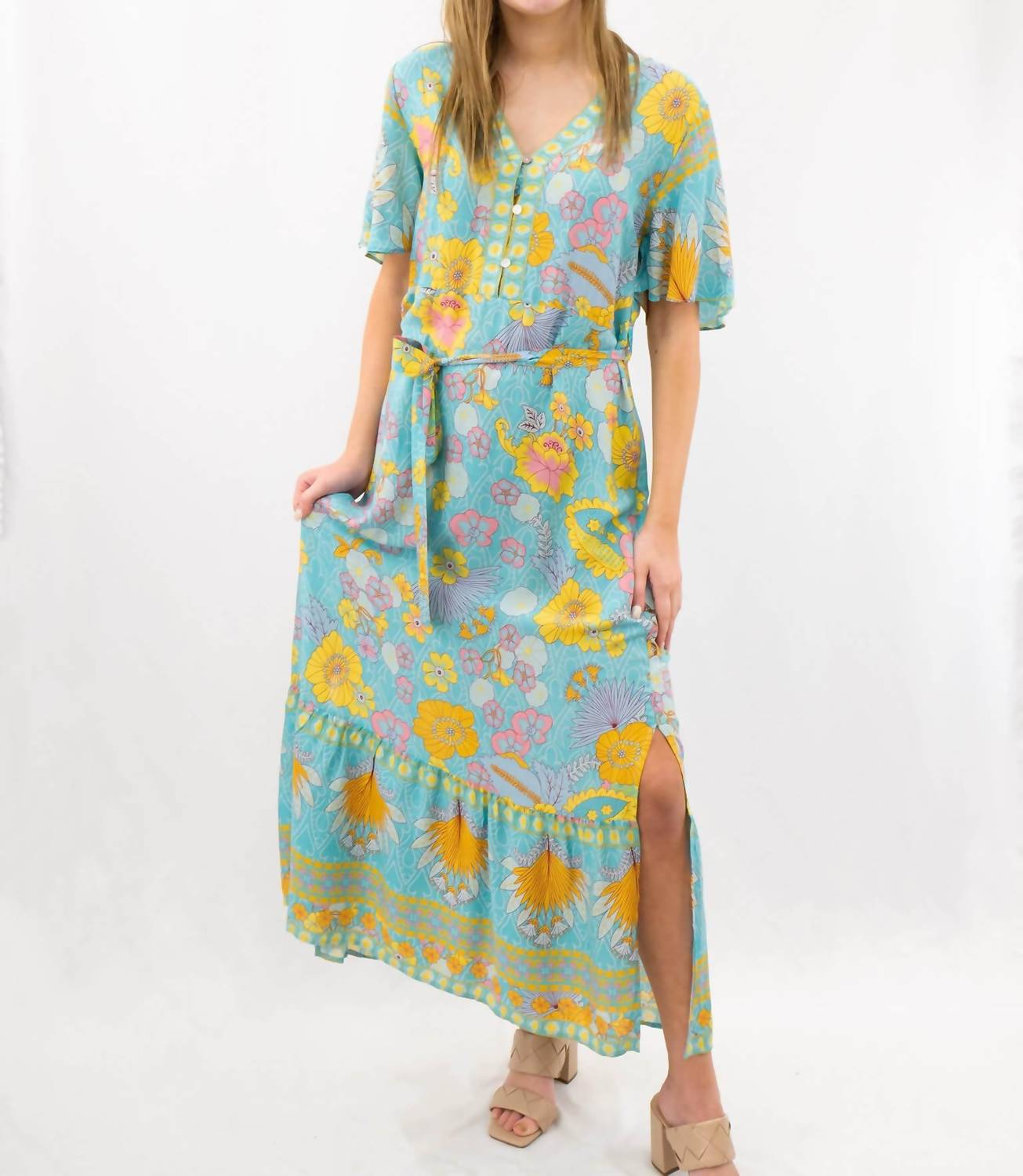 SUNDAYUP Floral V-neck Midi Dress in mint - women's dress