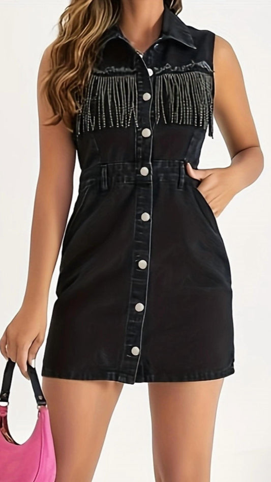 Rosa Clothing - Pocket Rhinestone Fringe Sleeveless Denim Dress