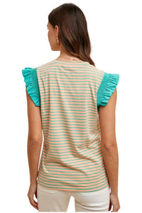 AnnieWear Ruffle Striped Top in beige green - women's blouse - detail view