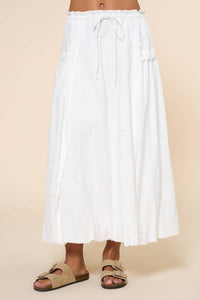 Lalavon - Eyelet Ruffled Waist Front Tie Woven Maxi Skirt