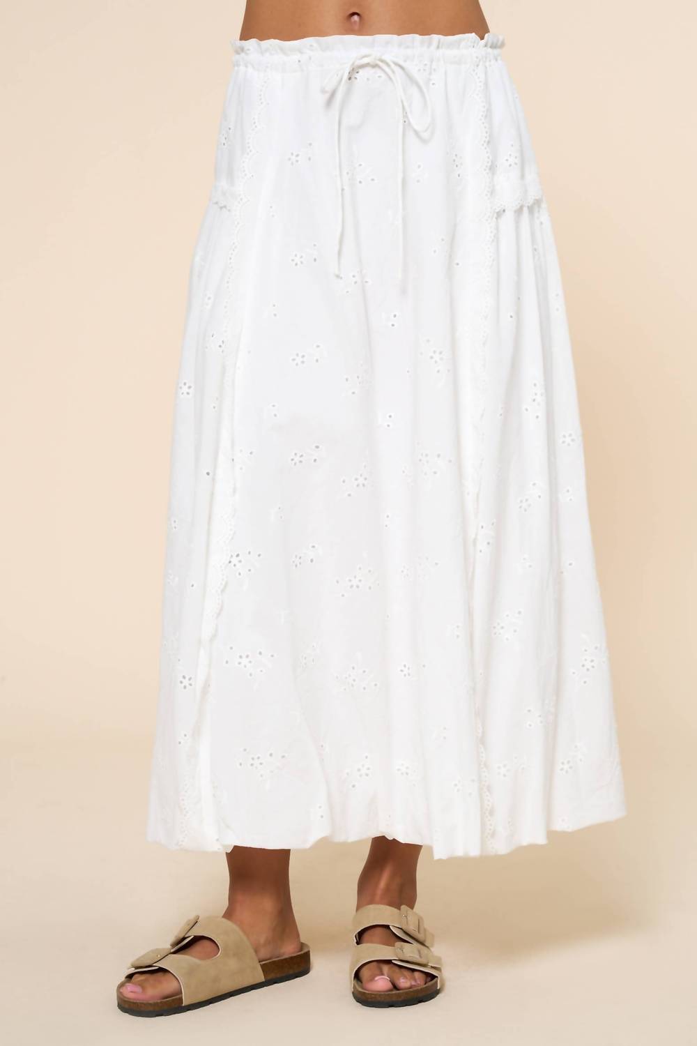 Lalavon - Eyelet Ruffled Waist Front Tie Woven Maxi Skirt