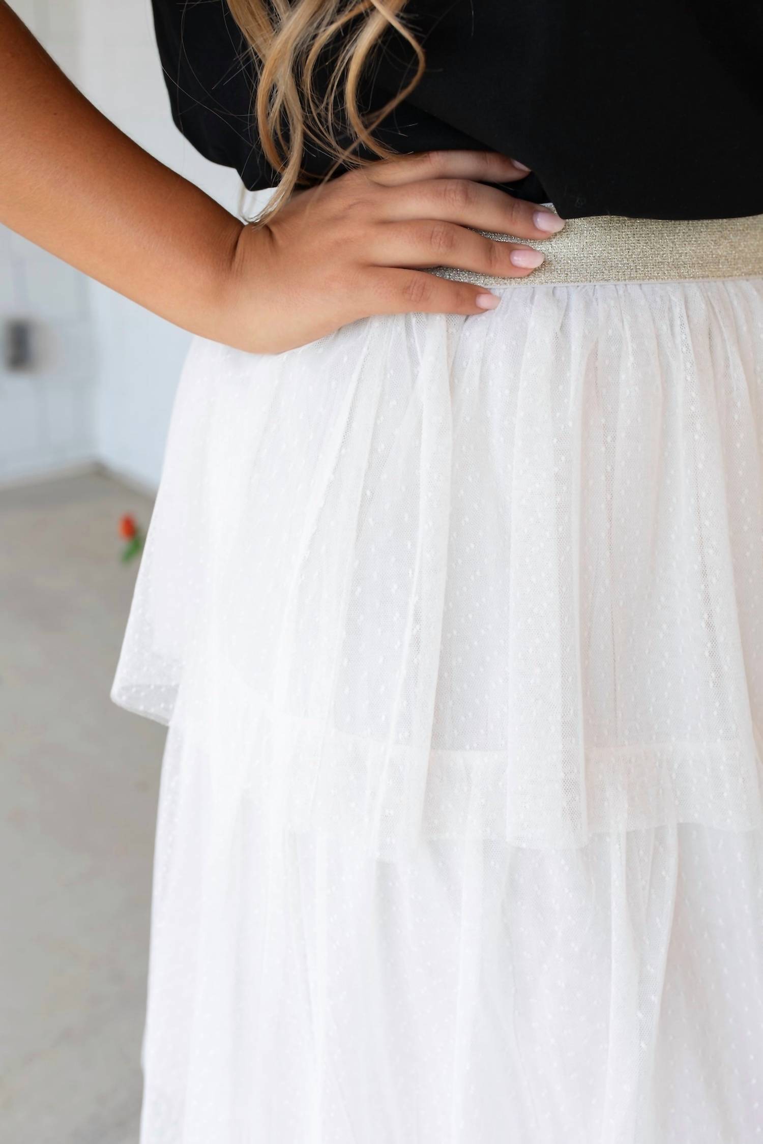 mystree Whimsical Layers Asymetrical Ruffle Tulle Midi Skirt in cream - women's skirt - alternate view