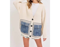 Bns - Knit Sweater Cardigan With Denim Pockets