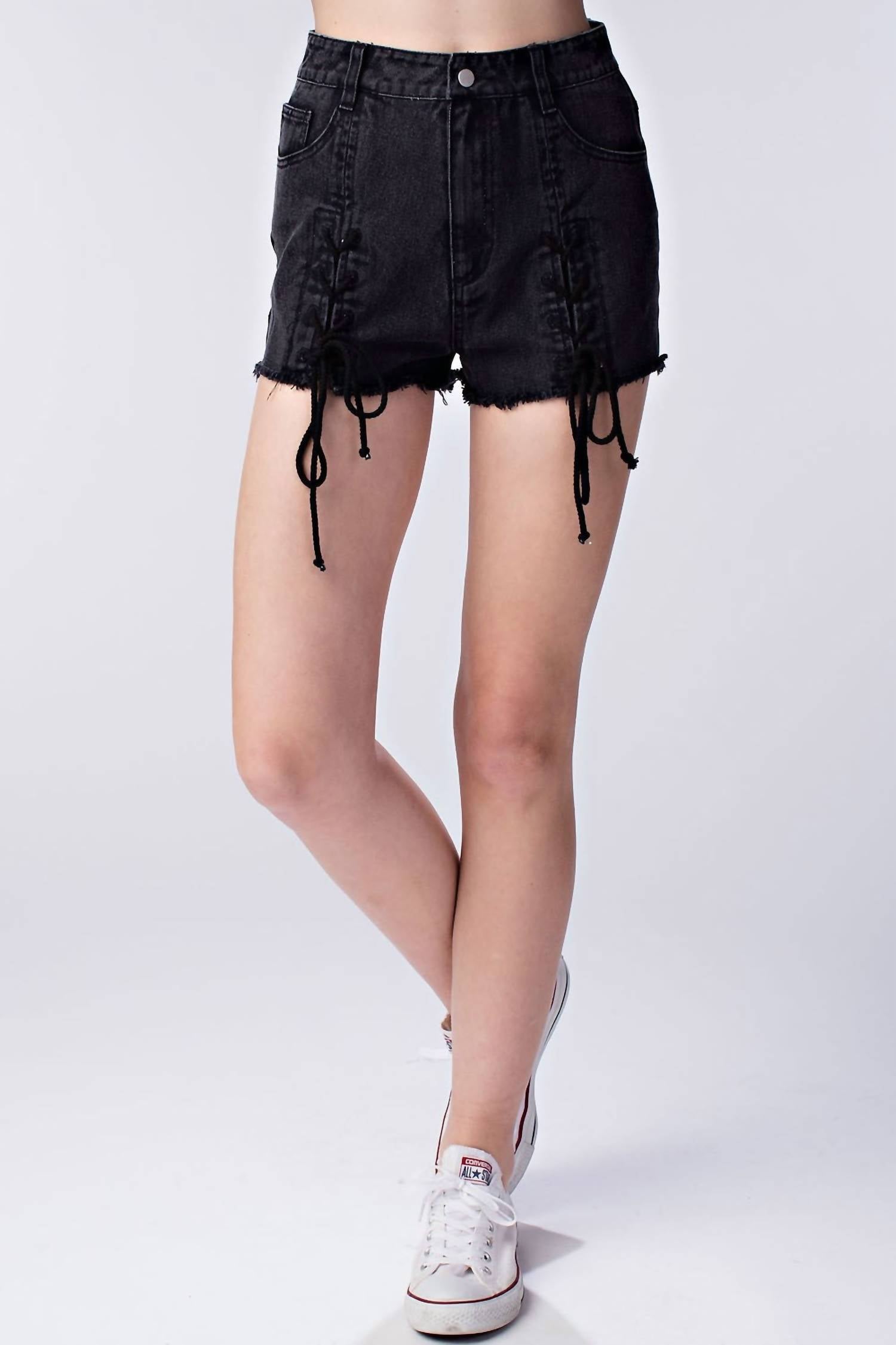 Honey Punch - Lace Up Frayed Denim Shorts
