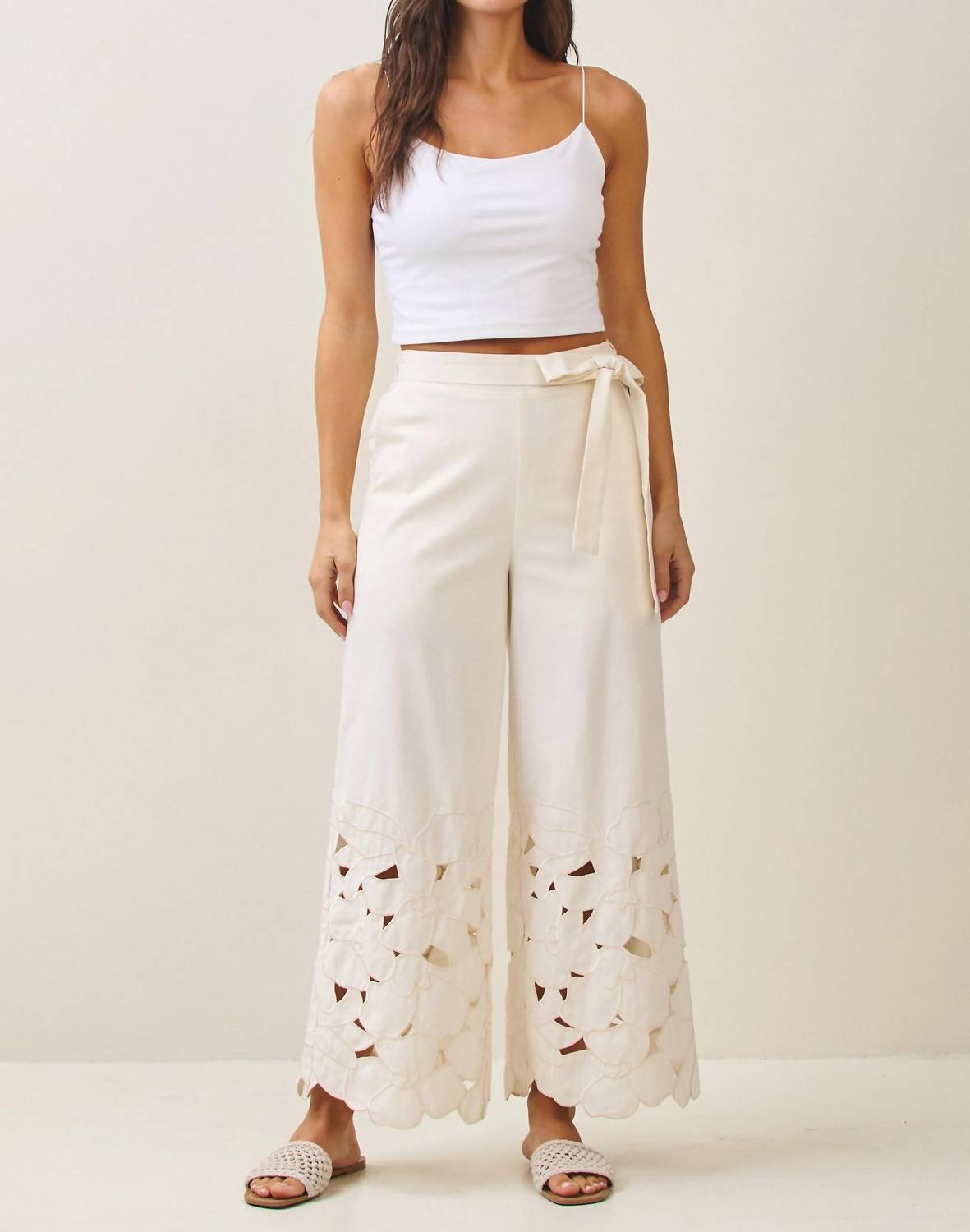 Able - Linen Floral Embroidery Cutout Detail Pants