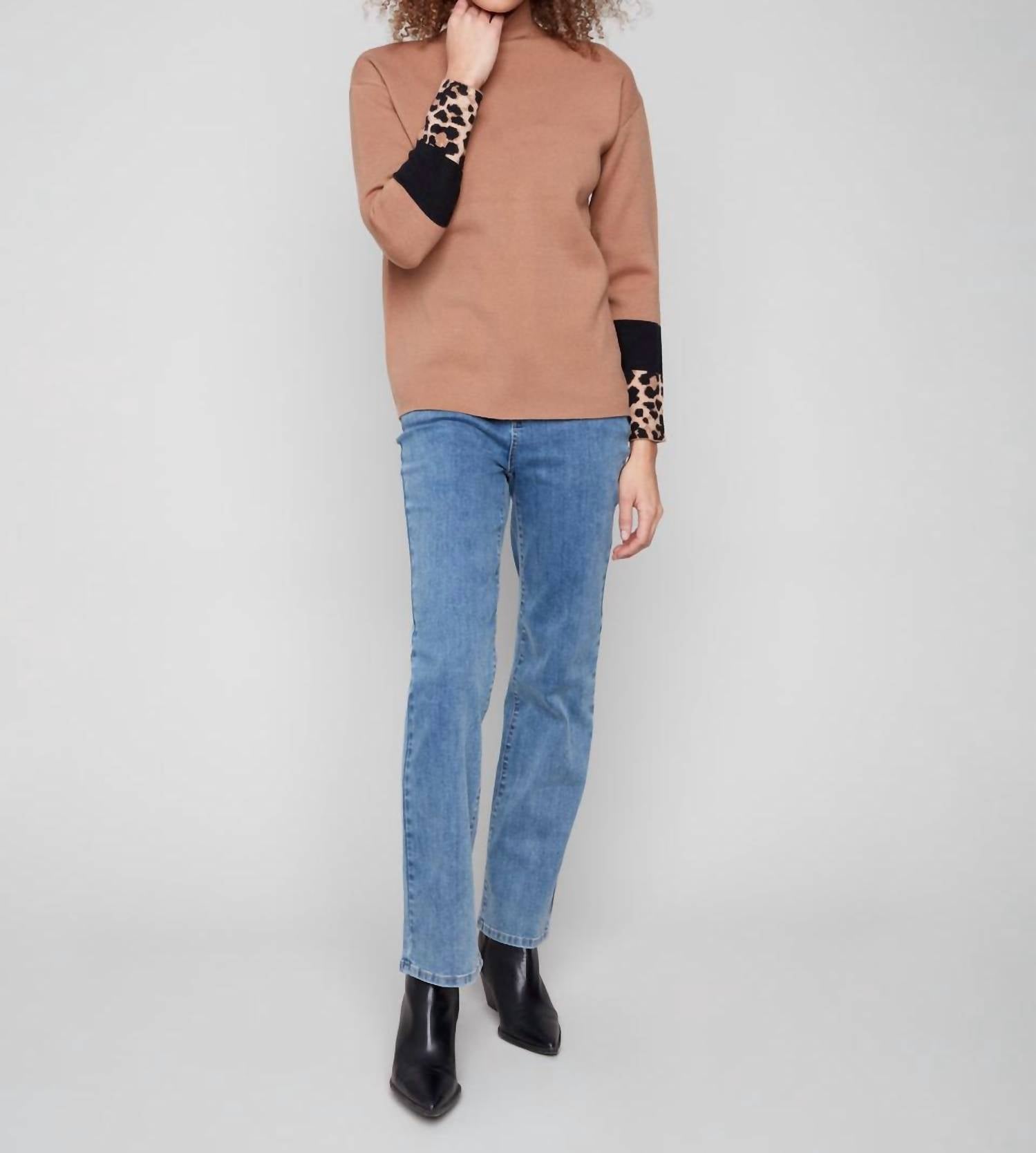 Charlie B - Mock Neck Sweater With Animal Print Sleeve Details