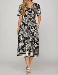 SHE + SKY Short Sleeve Border Print Midi Dress in black white - women's dress