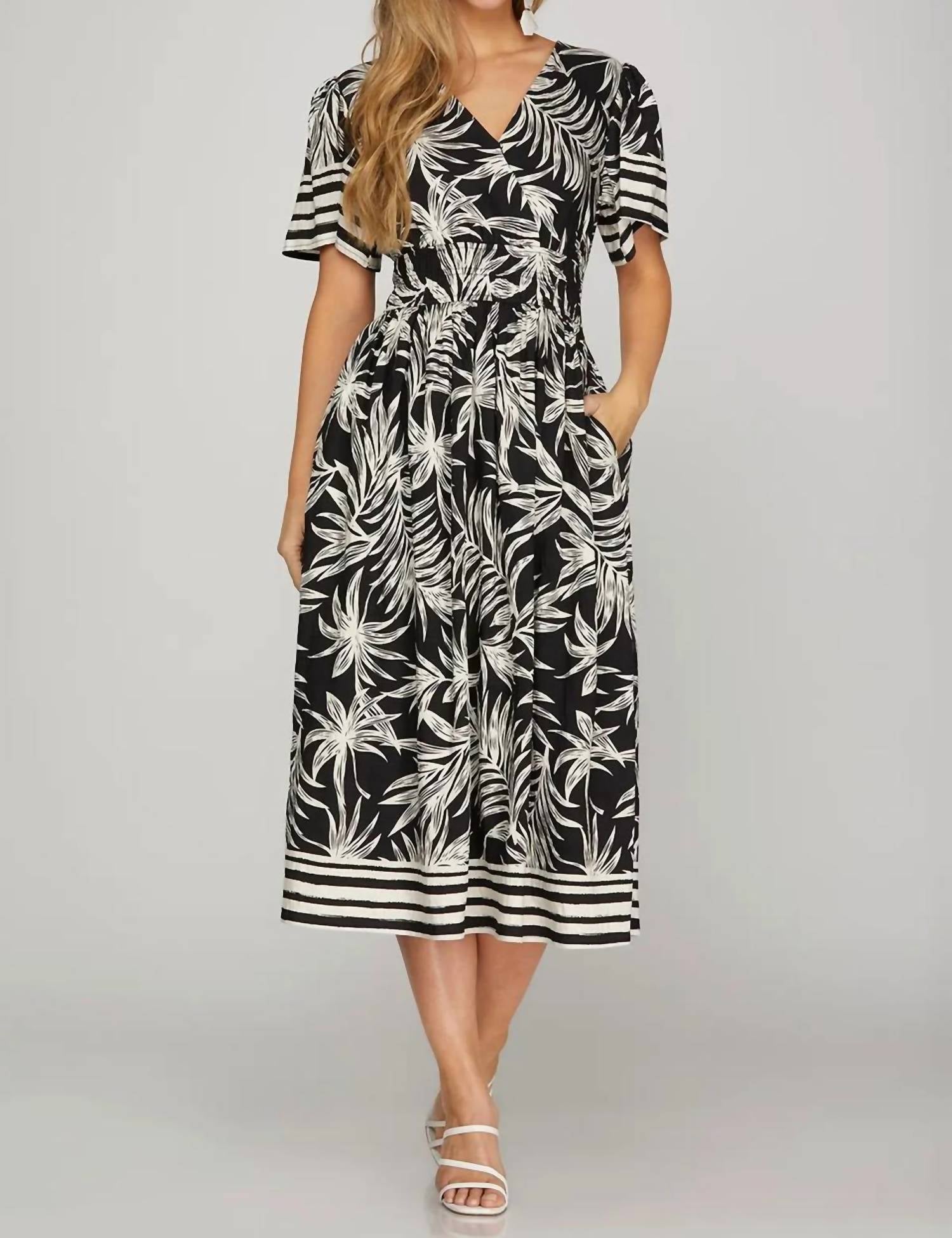 SHE + SKY Short Sleeve Border Print Midi Dress in black white - women's dress