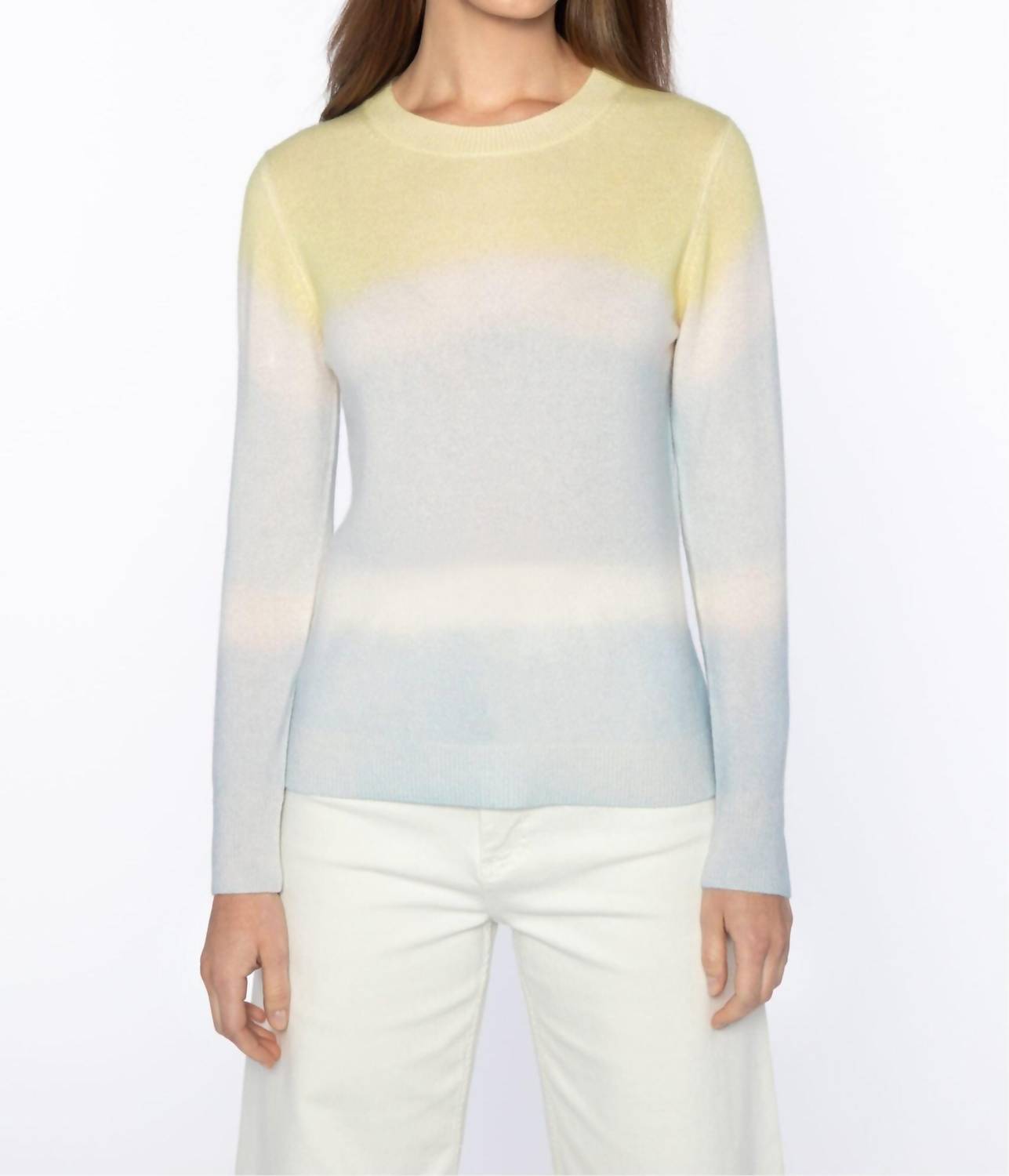 Kinross Painted Stripe Cashmere Crew Top in azul multi - women's long sleeve top