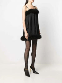 SAINT LAURENT Feather Trim Satin Slip Minidress in black - women's dress - alternate view