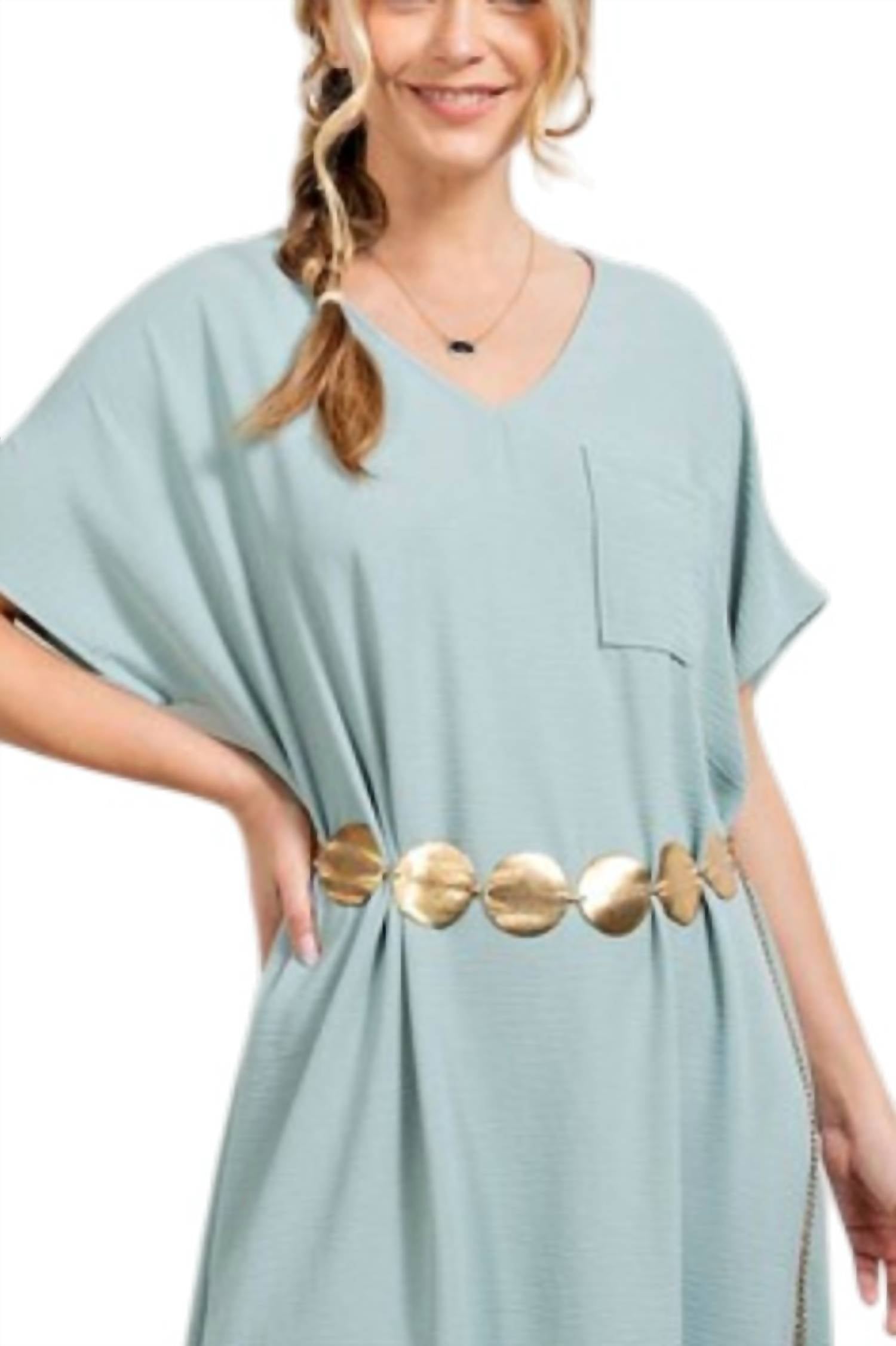 Easel Short Sleeve Crinkled Maxi Dress - Plus in aloe vera - women's dress - detail view