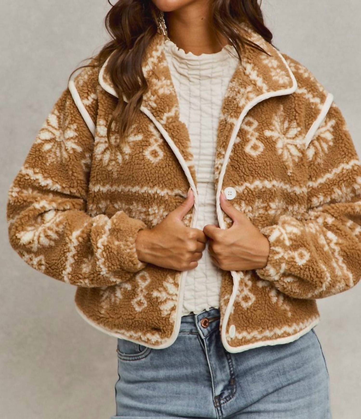 So Me - Sherpa Faux Fair Isle Button Down Jacket